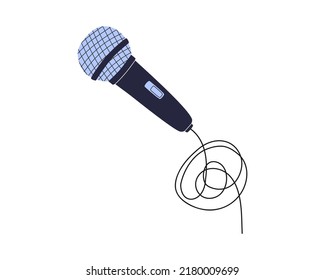 Hand drawn cute cartoon illustration of microphone. Flat vector sound recording studio sticker in simple colored doodle style. Audio device icon or print. Isolated on white background.