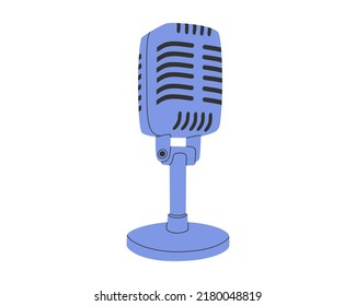 Hand drawn cute cartoon illustration of retro microphone. Flat vector sound recording studio sticker in simple colored doodle style. Audio device icon or print. Isolated on white background.