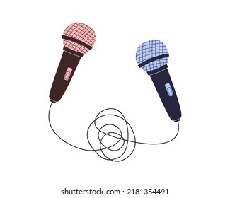 Hand drawn cute cartoon illustration two microphones  Flat vector discussion interview sticker in simple colored doodle style  Audio device icon print  Isolated white background 