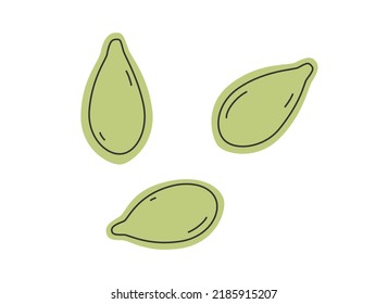 Hand drawn cute cartoon illustration of pumpkin seeds. Flat vector snack sticker in simple colored doodle style. Fall or autumn harvest icon or print. Isolated on white background.