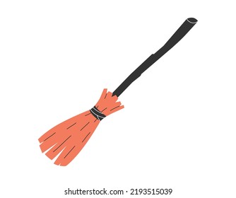 Hand drawn cute cartoon illustration of magic broom. Flat vector Halloween witch element sticker in simple colored doodle style. Witchcraft icon or print. Isolated on white background.