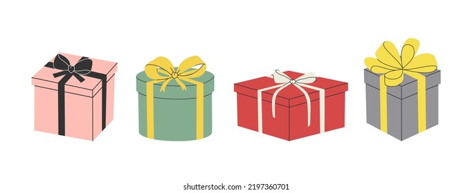 Hand drawn cute cartoon illustration of gift box set with bow. Christmas birthday holiday present. Flat vector sticker or icon in simple colored doodle style. Isolated on white background.