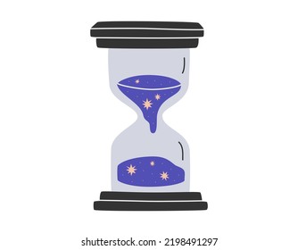 Hand drawn cute cartoon illustration of magic hourglass. Flat vector esoteric element sticker in simple colored doodle style. Sandglass with stars icon or print. Isolated on white background.