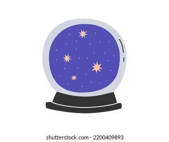 Hand Drawn Cute Cartoon Illustration Of Magic Crystal Ball With Stars. Flat Vector Esoteric Element Sticker In Colored Doodle Style. Future Prediction Icon Or Print. Isolated On White Background.