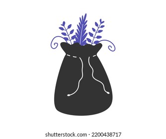 Hand drawn cute cartoon illustration of bag with magic herbs. Flat vector esoteric element sticker in colored doodle style. Dry medical plants in the sack icon or print. Isolated on white background.