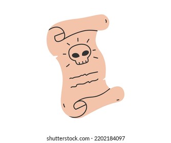 Hand Drawn Cute Cartoon Illustration Of Open Magic Scroll With Spell. Flat Vector Occult Manuscript Sticker In Simple Colored Doodle Style. Old Document Icon Or Print. Isolated On White Background.