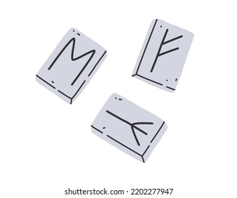 Hand drawn cute cartoon illustration of magic runes. Flat vector Scandinavian alphabet letters sticker in simple colored doodle style. Future prediction icon or print. Isolated on white background.