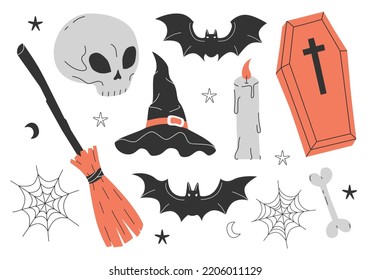 Hand drawn cute cartoon illustration set of Halloween elements. Flat vector spooky and magic sticker in simple colored doodle style. Witchcraft icon or print collection. Isolated on white background.