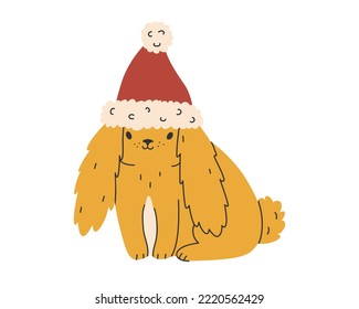 Hand drawn cute cartoon illustration of Christmas rabbit with santa hat. Flat vector Chinese zodiac characters sticker in colored doodle style. New Year, Xmas icon or print. Isolated on background.