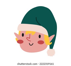 Hand drawn cute cartoon illustration of elf face. Flat vector Christmas characters sticker in colored doodle style. New Year, Xmas icon or print. Isolated on background.