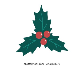 Handgezeichnete süße Cartoon-Illustration von Heiliger mit roter Beere. Flacher Vektor Weihnachtspflanzenaufkleber im farbigen Doodle-Stil. Neujahr, Xmas Ilex Zweig Symbol oder Druck. Einzeln auf Hintergrund.