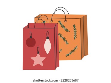 Hand drawn cute cartoon illustration of two gift bag. Christmas holiday present packing. Flat vector Xmas, New Year sale, purchase sticker in colored doodle style. Isolated on white background.