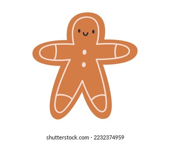Hand drawn cute cartoon illustration gingerbread cookie man  Flat vector Christmas ginger snap sticker in colored doodle style  New Year  Xmas character icon print  Isolated background 