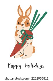 Hand drawn cute cartoon illustration of Christmas rabbit with carrot. Flat vector Chinese zodiac character greeting card in colored doodle style. New Year, Xmas postcard template. Isolated.