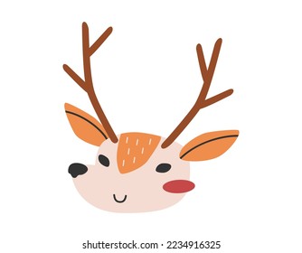 Hand drawn cute cartoon illustration of reindeer face. Flat vector Christmas characters sticker in colored doodle style. New Year, Xmas icon or print. Isolated on background.