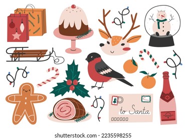 Hand drawn cute cartoon illustration of Christmas elements set. Flat vector winter holidays stickers collection in colored doodle style. New Year, Xmas icon or print. Isolated on white background.