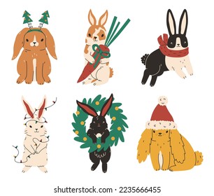 Hand drawn cute cartoon illustration of different Christmas rabbits set. Flat vector Chinese zodiac characters sticker in colored doodle style. New Year, Xmas icon or print. Isolated on background.