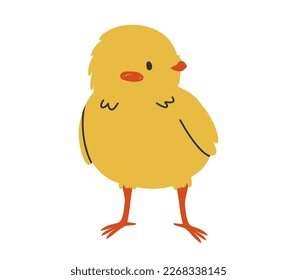 Hand drawn cute cartoon illustration of standing small chick. Flat vector spring Easter design sticker in colored doodle style. Сhicken, bird nestling icon or print. Isolated on background.