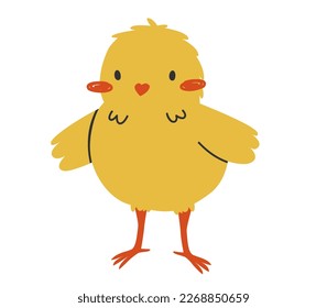 Hand drawn cute cartoon illustration of standing small chick. Flat vector spring Easter design sticker in colored doodle style. Сhicken, bird nestling icon or print. Isolated on background.