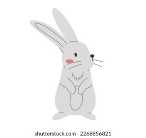 Hand drawn cute cartoon illustration of standing small rabbit. Flat vector spring animal, Easter design sticker in colored doodle style. Bunny, hare character icon or print. Isolated on background.