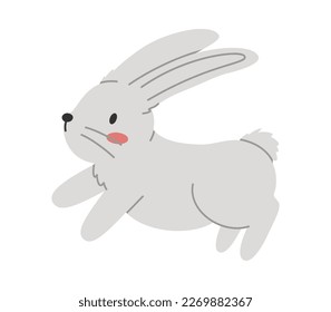 Hand drawn cute cartoon illustration of running small rabbit. Flat vector spring animal, Easter design sticker in colored doodle style. Bunny, hare character icon or print. Isolated on background.