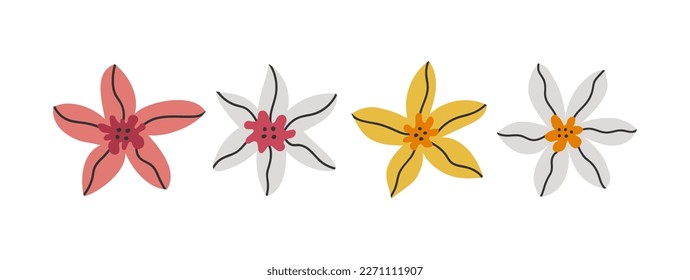 Hand drawn cute cartoon illustration set of colorful narcissus flower. Flat vector spring plant sticker in colored doodle style. Blooming daffodil, botany icon or print. Isolated on background.