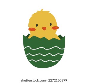 Hand drawn cute cartoon illustration of small chick in egg shell. Flat vector spring Easter design sticker in colored doodle style. Сhicken, bird nestling icon or print. Isolated on background.