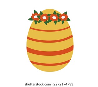 Hand drawn cute cartoon illustration of Easter egg in a wreath. Flat vector spring Easter decoration sticker in colored doodle style. Pysanka with flower garland icon or print. Isolated on background
