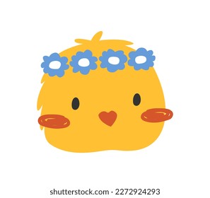 Hand drawn cute cartoon illustration of small chick face in a wreath. Flat vector spring Easter design sticker in colored doodle style. Сhicken, bird nestling icon or print. Isolated on background.