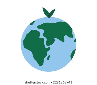 Hand drawn cute cartoon illustration of planet Earth with two leaves. Flat vector Earth day, environment protection design sticker in colored doodle style. Ecology sticker, icon or print. Isolated.