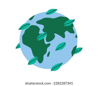 Hand drawn cute cartoon illustration of planet Earth with flying leaves. Flat vector Earth day, environment protection design sticker in colored doodle style. Ecology sticker, icon or print. Isolated.