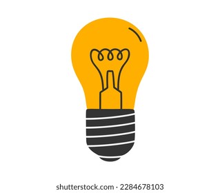 Hand drawn cute cartoon illustration of incandescent lamp, glowing light bulb. Flat vector good idea or answer concept in colored doodle style. Non eco friendly device sticker, icon or print. Isolated