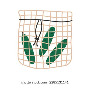 Hand drawn cute cartoon illustration of reusable shopping string bag. Flat vector grocery mesh bag, environment protection, pouch for vegetables, doodle style. Ecology sticker, icon or print. Isolated