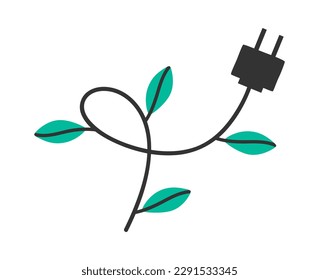 Hand drawn cute cartoon illustration of plug with wire. Flat vector eco friendly, green energy concept in colored doodle style. Electrical cable with leaves sticker, icon or print. Isolated.