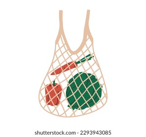 Hand drawn cute cartoon illustration of reusable shopping string bag. Flat vector grocery mesh bag, environment protection, pouch for vegetables, doodle style. Ecology sticker, icon or print. Isolated