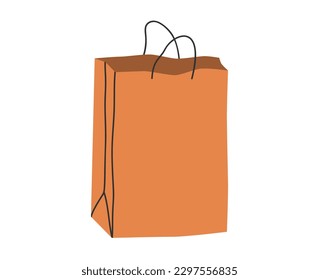 Hand dibujó una tierna ilustración de caricatura de la bolsa de papel de compra reutilizable. Paquete de alimentación vectorial plano, etiqueta de diseño de protección del medio ambiente en estilo doodle de color. Ecología pegatina, icono. Aislado.