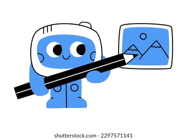 Hand drawn cute cartoon illustration of robot holding a pencil and creates a picture. Flat vector artificial intelligence generates image in doodle style. Ai draws digital painting concept. Isolated.