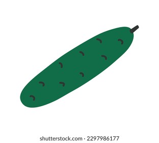 Hand drawn cute cartoon illustration of green cucumber or vegetable marrow. Flat vector garden harvest sticker in colored doodle style. Fresh vegetable icon or print. Isolated on white background.