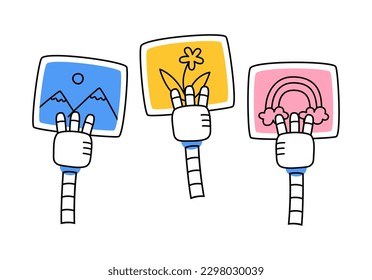 Hand drawn cute cartoon illustration of three robot hands holding a pictures. Flat vector artificial intelligence generates image in doodle style. Ai creates digital painting concept. Isolated.