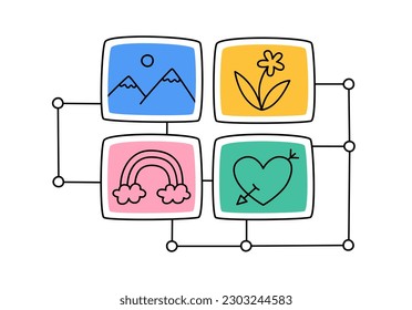 Hand drawn cute cartoon illustration AI creates a picture. Flat vector artificial intelligence generates images in doodle style. Three pictures connected by traces concept. Circuit board. Isolated.