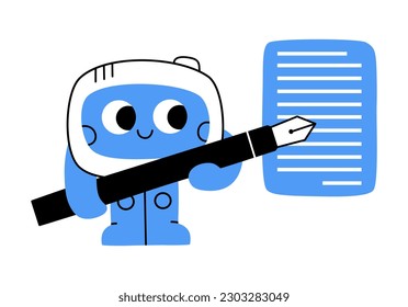 Hand drawn cute cartoon illustration of robot holding a pen and creates a message bubble. Flat vector artificial intelligence generates text in doodle style. Ai chatbot answers questions. Isolated.