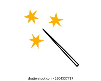 Hand drawn cute cartoon illustration of magic wand with abstract stars. Flat vector witchcraft concept in doodle style. Сasting a spell sticker, icon. Isolated on white background.