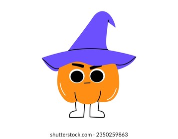 Hand drawn cute cartoon illustration of pumpkin in sorcerer costume. Flat vector Halloween and Thanksgiving sticker. Wizard character in doodle style. Autumn harvest mascot with witch hat. Isolated.