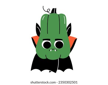 Hand drawn cute cartoon illustration pumpkin in vampire costume. Flat vector Halloween and Thanksgiving sticker. Ghoul character in doodle style. Autumn harvest mascot with cloak and fangs. Isolated.