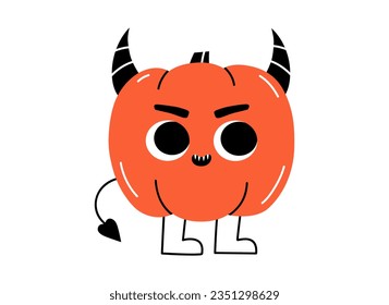 Hand drawn cute cartoon illustration pumpkin in devil costume. Flat vector Halloween and Thanksgiving sticker. Demon character in doodle style. Autumn harvest mascot with horns and fangs. Isolated.