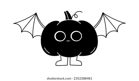 Hand dibujó una tierna caricatura ilustrando calabaza negra con alas de murciélago. Un vector plano Halloween y un icono o pegatina de Acción de Gracias. Carácter demonio con el estilo de doodle de contorno. Mascota de la cosecha del otoño. Aislado.