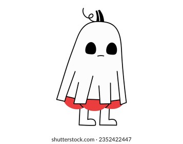 Hand dibujó una tierna ilustración de caricatura calabazando con disfraz fantasma. Vector plano Halloween y sticker de Acción de Gracias. Carácter aparente en estilo doodle. Mascota de cosecha otoñal con manta de cama. Aislado.