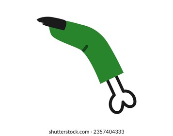 Hand drawn cute cartoon illustration little zombie finger. Flat vector Halloween sticker. Hand part with bone in doodle style. Autumn party scary icon. Isolated on white background.