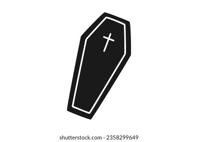Hand drawn cute cartoon illustration of little coffin. Flat vector Halloween sticker in simple colored doodle style. Casket for corpse icon or print. Isolated on white background.