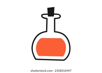 Hand drawn cute cartoon illustration of little potion bottle. Flat vector Halloween magic poison drink sticker in simple doodle style. Witchcraft icon or print. Isolated on white background.